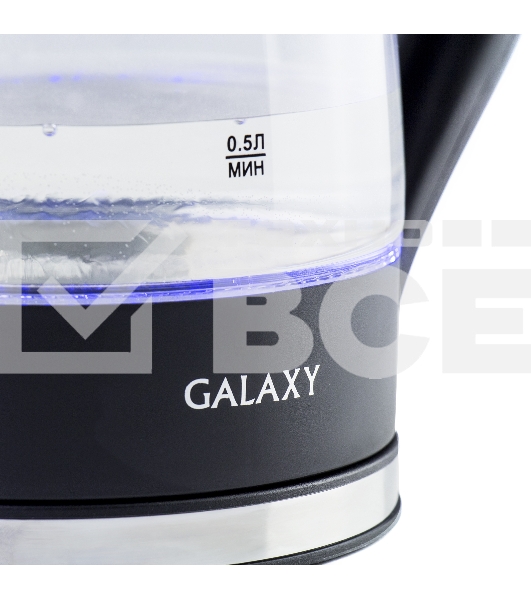 Чайник электрический Galaxy Line GL 0552, черный, стекло, 2200 Вт, 1,7 л, LED-подсветка, шкала уровня воды, корпус из термостойкого стекла