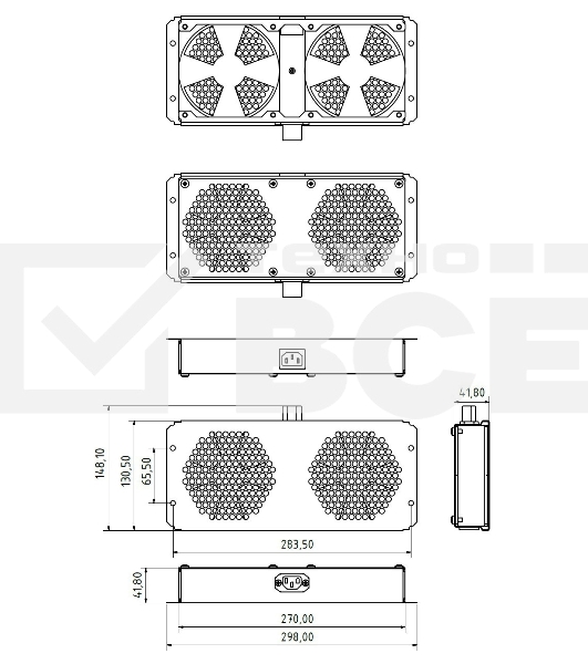 Модуль вентиляторный Hyperline TFAB-T2FR-RAL9004 потолочный с 2-мя вентиляторами для установки в шкафы серий TTC2, TTB и TWB, с подшипниками и крепежными элементами, без кабеля питания, цвет черный