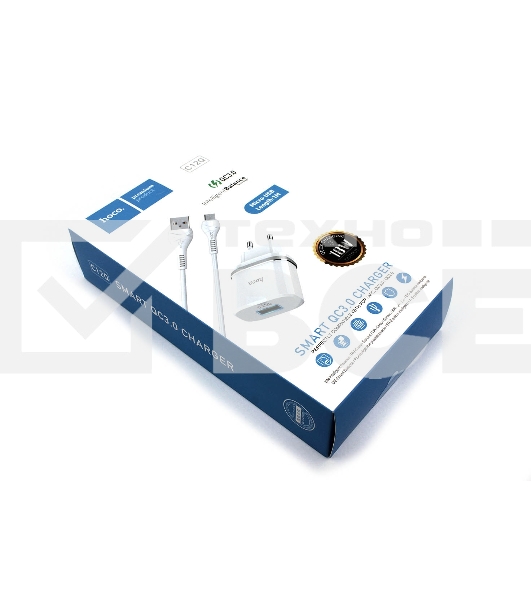 Блок питания (сетевой адаптер) HOCO С12Q Smart QC3.0, кабель Micro USB, USB, 5V, 3.0A, белый