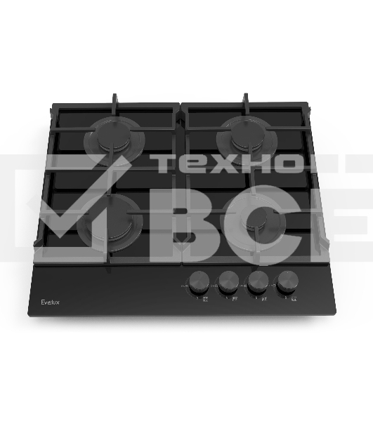 Газовая варочная панель Evelux HEG 615 BG Hi-Tech, 60 см, 4 конфорки, чугунные решетки, газ-контроль, электроподжиг, механическое управление, поверхность из закаленного стекла, цвет черный