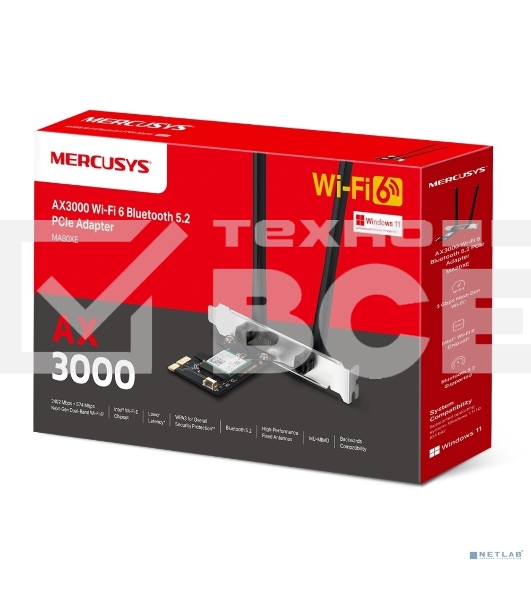 Сетевой адаптер Wi-Fi + Bluetooth Mercusys MA80XE AX3000 PCI Express (ант.внеш.несъем.) 2ант.