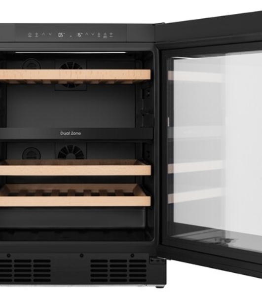 Встраиваемы е винный шкаф Gorenje WCU68F6BG4WF, объем 138 л, вместительность 46 бутылок, 4 полки, цифровой дисплей, Wi-Fi, LED освещение, защита от УФ-излучения, энергоэффективность А+, черный