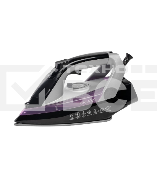 Утюг Galaxy Line GL 6128, фиолетовый с черным, паровой, 2200 Вт, постоянный пар 30 г/мин, паровой удар 140 г/мин, функции: самоочистка, антикапля, антинакипь, функция увлажнения, вертикальное отпаривание, защита от перегрева,  индикатор нагрева, керамичес