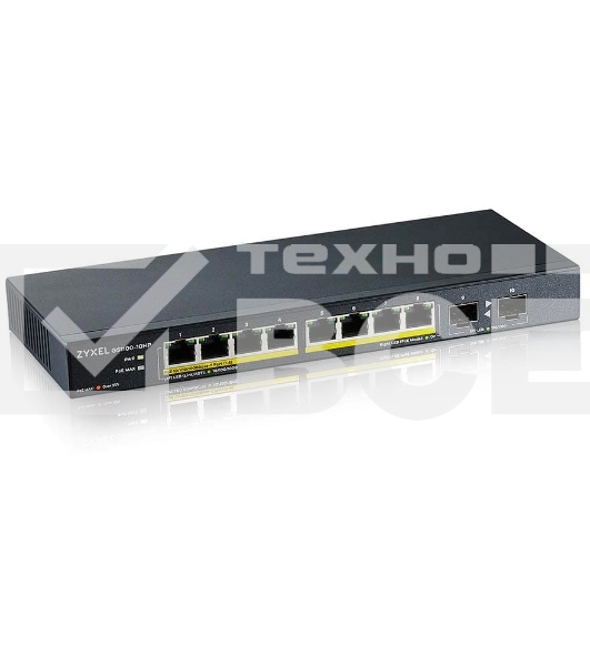 Коммутатор PoE+ Zyxel GS1100-10HP, 8xGE PoE+, 2xSFP, настольный, бесшумный, бюджет PoE 130 Вт