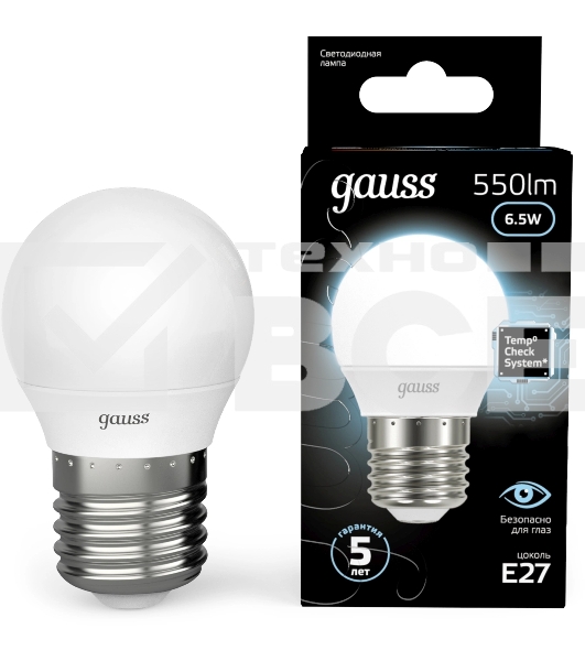 Лампа светодиодная Gauss 6.5Вт цок.:E27 шар 220B св.свеч.бел.нейт. P45 (упак.:10шт) (105102207)