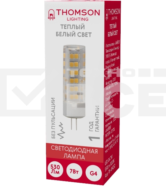 Лампа светодиодная Thomson TH-B4232 7Вт цок.:G4 капсул. 220B 3000K св.свеч.бел.теп. (упак.:1шт)