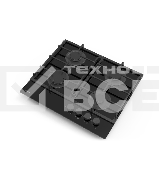 Газовая варочная панель Evelux HEG 615 BG Hi-Tech, 60 см, 4 конфорки, чугунные решетки, газ-контроль, электроподжиг, механическое управление, поверхность из закаленного стекла, цвет черный