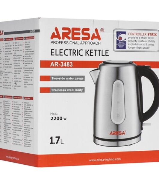 Электрочайник Aresa AR-3483 серебристый, 1.7 л, 2200 Вт, скрытый нагревательный элемент