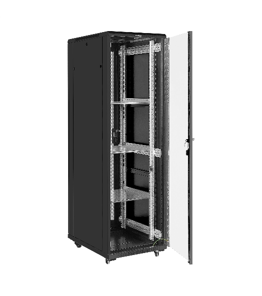 Шкаф телекоммуникационный 19' напольный 42U ExeGate EC-FS-42U.600.800.G.V.BLACK (19”, 42U, 600x800x2054mm (ШхГхВ), передняя дверь закаленное стекло, задняя перфорированная дверь, съемные боковые панели, пыле- и влагозащита IP20, встроенный вентиляционный модуль, 1 полка в комплекте, черный RAL 9004, 3 коробки)