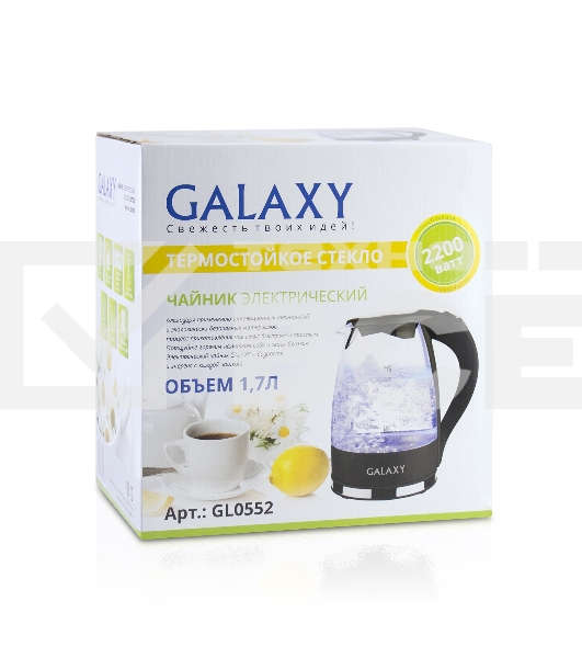 Чайник электрический Galaxy Line GL 0552, черный, стекло, 2200 Вт, 1,7 л, LED-подсветка, шкала уровня воды, корпус из термостойкого стекла