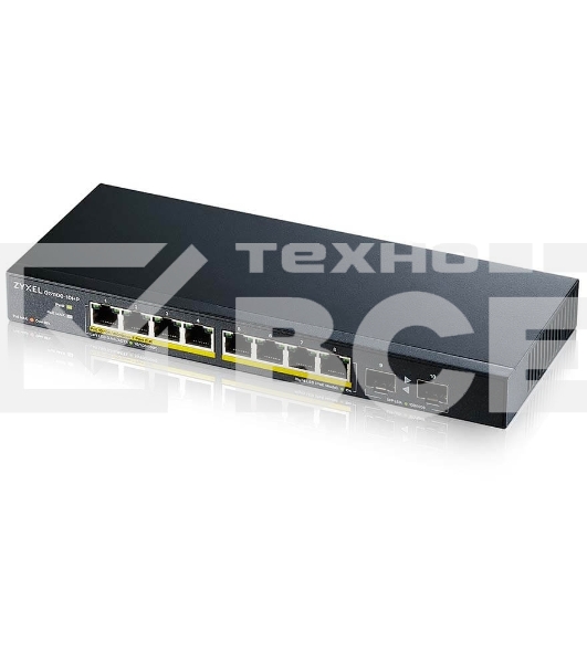Коммутатор PoE+ Zyxel GS1100-10HP, 8xGE PoE+, 2xSFP, настольный, бесшумный, бюджет PoE 130 Вт