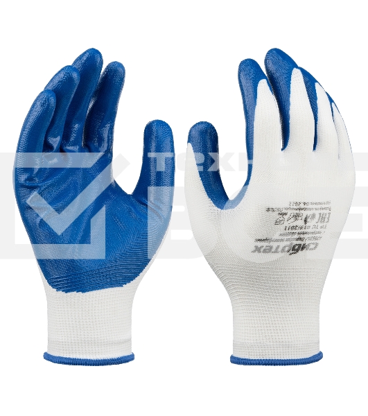 Перчатки полиэфирные с синим нитрильным покрытием, размер 9, 13 класс вязки Сибртех