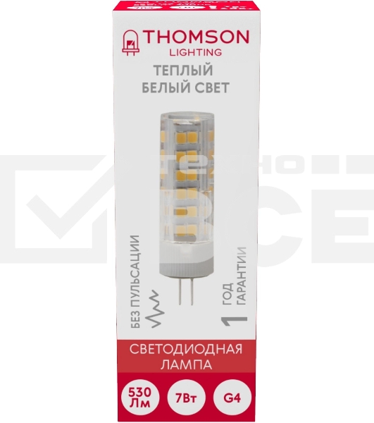 Лампа светодиодная Thomson TH-B4232 7Вт цок.:G4 капсул. 220B 3000K св.свеч.бел.теп. (упак.:1шт)