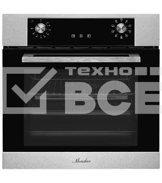 Встраиваемый электрический духовой шкаф MONSHER MOE 6092 Acier, 9 режимов: Традиционный нагрев, Макси-Гриль, Макси-Гриль с конвекцией, Нижний нагрев, Разморозка, Традиционный нагрев с конвекцией, Режим подсветка, Конвекция, Режим пицца, утапливаемые повор