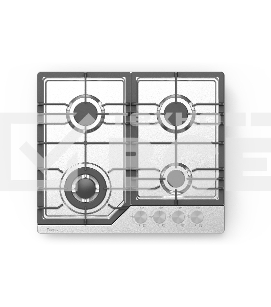 Газовая варочная панель Evelux HEG 638 X Hi-Tech, 60 см, 4 конфорки, WOK-конфорка, чугунные решетки, газ-контроль, электроподжиг, механическое управление, нержавеющая сталь