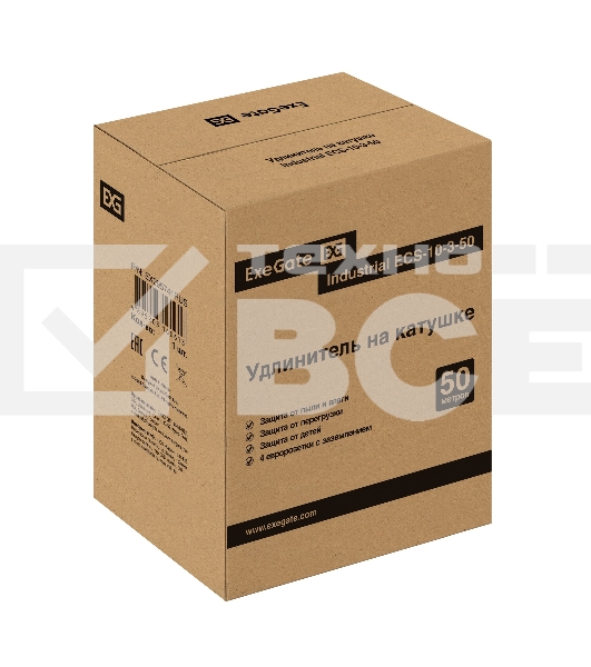 Удлинитель на катушке ExeGate industrial ECS-10-3-50 (4 евророзетки с заземлением, IP20, 50 м, защита от детей, защита от перегрузки, 3х1,0 мм2, 10А/2.3 кВт)