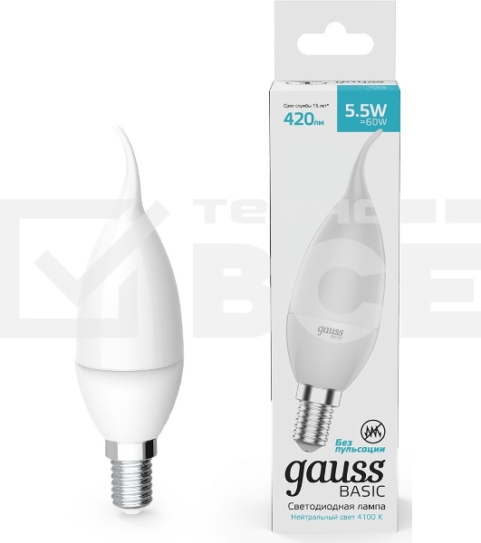 Лампа светодиодная Gauss Basic 1034116 5.5Вт цок.:E14 свеча 180B 3000K св.свеч.бел.теп. (упак.:10шт)
