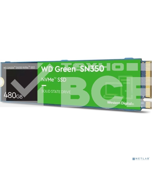 Накопитель SSD WD Green SN350 WDS480G2G0C, 480GB, PCIe 3.0 x4, M.2 2280, NVMe, R/W 2400/1650