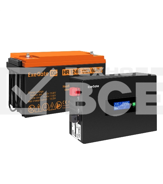 Комплект ИБП EX295993RUS + батарея 65Aч EX282982RUS 1шт (инвертор, синус, для котла, PF=1, настенный) ExeGate IdealSine SR-1000.LCD.2SH  <1000VA/1000W, чистая синусоида, цветной LCD-дисплей, 2*Schuko, крепление настенное, Black> + батарея ExeGate HR 12-65