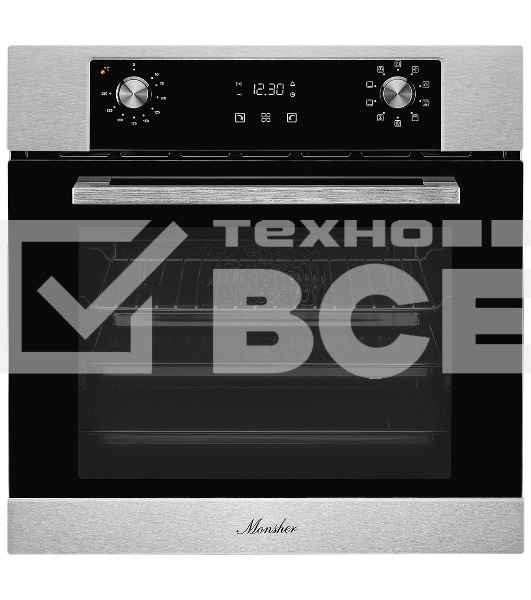 Встраиваемый электрический духовой шкаф MONSHER MOE 6092 Acier, 9 режимов: Традиционный нагрев, Макси-Гриль, Макси-Гриль с конвекцией, Нижний нагрев, Разморозка, Традиционный нагрев с конвекцией, Режим подсветка, Конвекция, Режим пицца, утапливаемые повор