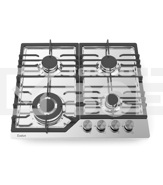 Газовая варочная панель Evelux HEG 638 X Hi-Tech, 60 см, 4 конфорки, WOK-конфорка, чугунные решетки, газ-контроль, электроподжиг, механическое управление, нержавеющая сталь