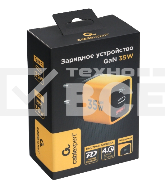 Зарядное устройство с дисплеем Cablexpert MP3A-PC-53, 35Вт GaN, QC3.0/PD3.0, 1хUSB, 1хType-C, желтый, коробка