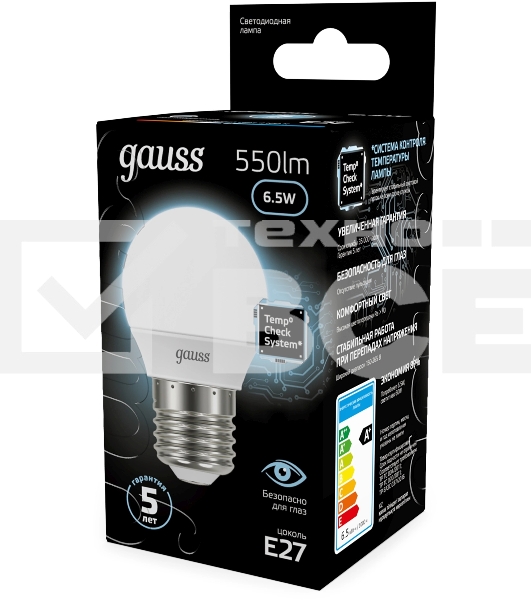 Лампа светодиодная Gauss 6.5Вт цок.:E27 шар 220B св.свеч.бел.нейт. P45 (упак.:10шт) (105102207)