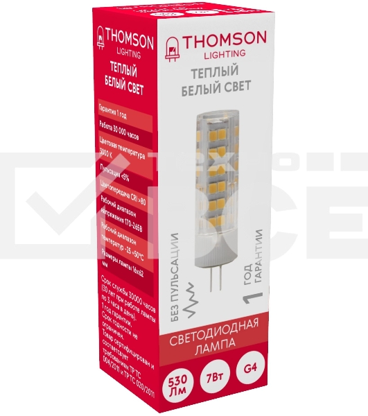 Лампа светодиодная Thomson TH-B4232 7Вт цок.:G4 капсул. 220B 3000K св.свеч.бел.теп. (упак.:1шт)