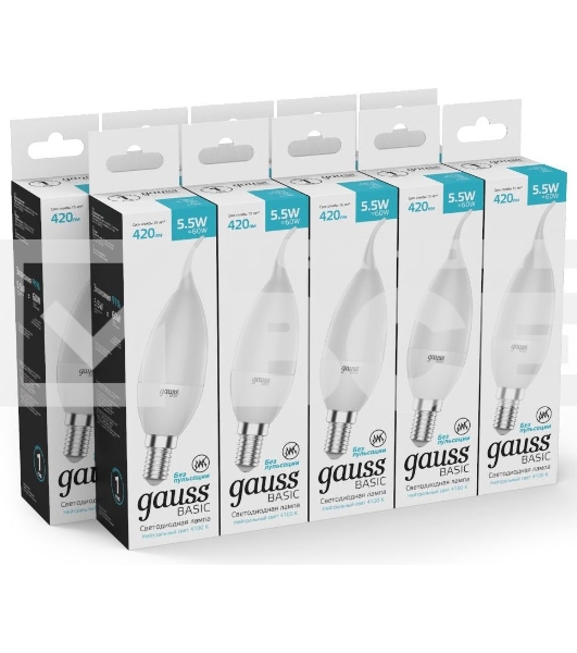 Лампа светодиодная Gauss Basic 1034116 5.5Вт цок.:E14 свеча 180B 3000K св.свеч.бел.теп. (упак.:10шт)