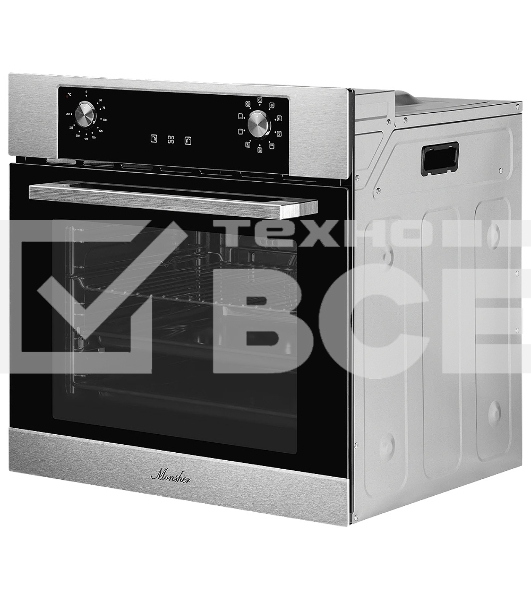 Встраиваемый электрический духовой шкаф MONSHER MOE 6092 Acier, 9 режимов: Традиционный нагрев, Макси-Гриль, Макси-Гриль с конвекцией, Нижний нагрев, Разморозка, Традиционный нагрев с конвекцией, Режим подсветка, Конвекция, Режим пицца, утапливаемые повор