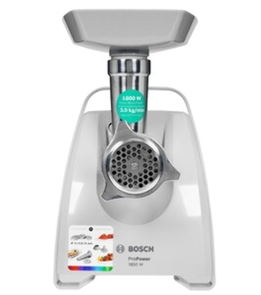 Мясорубка электрическая Bosch MFW 66020 белый/серый, 1800 Вт, 3.0 кг/мин, реверс, защита от перегрузки, насадки - 5
