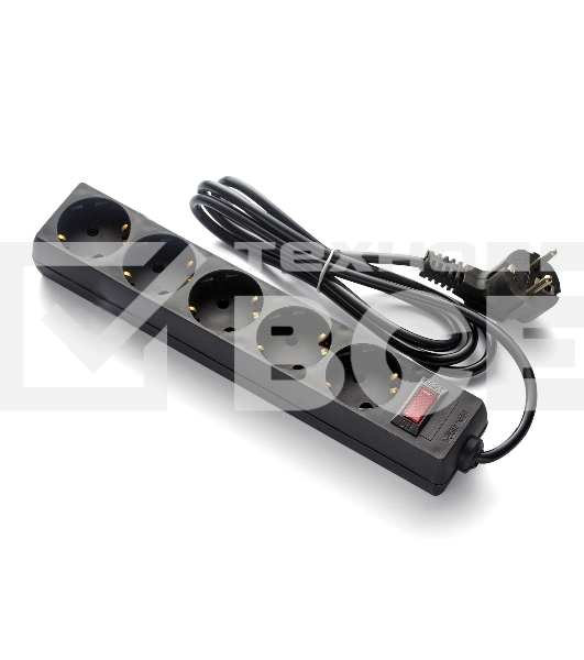 Удлинитель ExeGate EC-5-5B (EX279358RUS), черный, 5 м, евровилка с заземлением, 5 евророзеток с заземлением, 2200 Вт