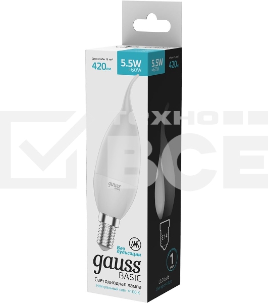 Лампа светодиодная Gauss Basic 1034116 5.5Вт цок.:E14 свеча 180B 3000K св.свеч.бел.теп. (упак.:10шт)