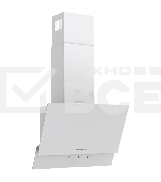 Наклонная вытяжка Kuppersberg F 603 W, 60 см, High-Tech, таймер, макс. производительность 850 м3/ч, 3 скорости, обратный клапан, сенсорное управление, дисплей, LED освещение, уровень шума 53 дБ, цвет белый