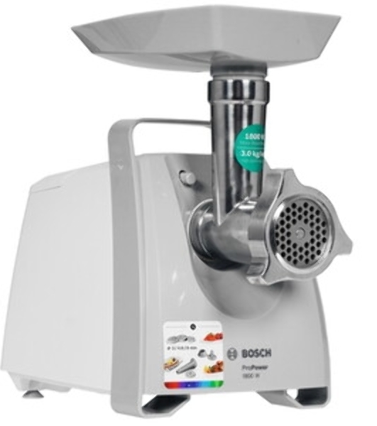 Мясорубка электрическая Bosch MFW 66020 белый/серый, 1800 Вт, 3.0 кг/мин, реверс, защита от перегрузки, насадки - 5