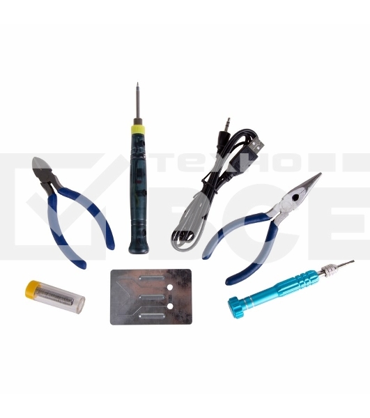 Набор для пайки Rexant (USB паяльник 8 Вт, кусачки, тонкогубцы, подставка, припой, отвертка)