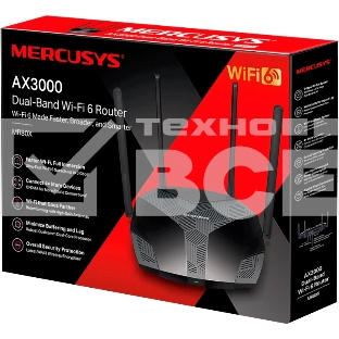 Двухдиапазонный роутер MERCUSYS AX3000 Wi-Fi 6, до 574 Мбит/с на 2,4 ГГц + до 2402 Мбит/с на 5 ГГц,4 фиксированные внешние антенны, 3 гигабитных порта LAN, 1 гигабитный порт WAN