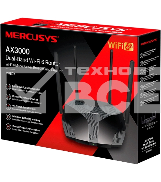 Двухдиапазонный роутер MERCUSYS AX3000 Wi-Fi 6, до 574 Мбит/с на 2,4 ГГц + до 2402 Мбит/с на 5 ГГц,4 фиксированные внешние антенны, 3 гигабитных порта LAN, 1 гигабитный порт WAN
