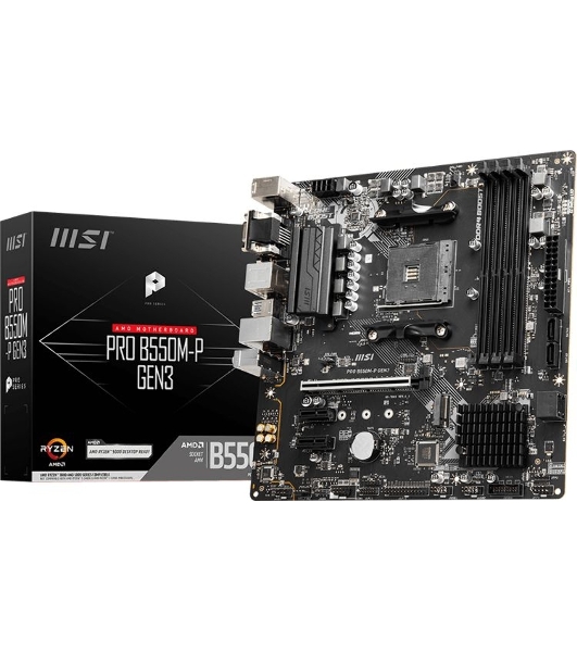Материнская плата MSI PRO B550M-P GEN3, AM4, AMD B550, 4xDDR4, 4xSATA, 1xM.2, 1xPCI-E 3.0 x16, 2xPCI-E 3.0 x1, 1xDVI-D, 1xHDMI, 1xVGA, 1x1Gb LAN, 4xUSB 2.0, 4xUSB 3.2 Gen 1, 3x3.5 мм, 7.1, Micro-ATX