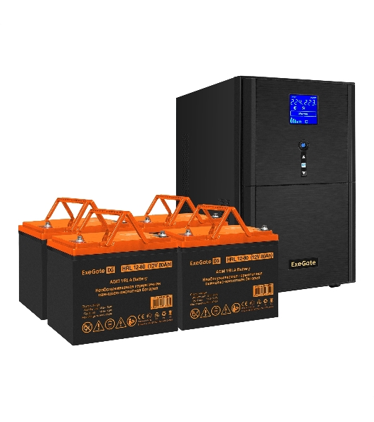 Комплект Источник бесперебойного питания EX295991RUS + батарея 80Aч EX285654RUS 4шт (инвертор, синус, для котла) ExeGate SineTower SZ-5000.LCD.AVR.2SH.1C13.T.RJ.USB <5000VA/4000W, чистый синусоида, LCD дисплей, AVR, 2*Schuko+1*C13+клеммы, RJ45/11, USB, линейно-интерактивный, Black> + батарея ExeGate HRL 12-80 (12В, 80Ач) 4шт