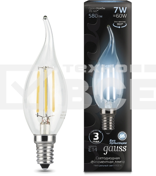 Светодиодная лампа GAUSS 104801207 LED Filament Свеча на ветру E14 7W 580lm 4100К 1/10/50