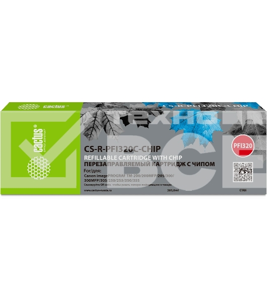 Картридж струйный Cactus CS-R-PFI320C-CHIP PFI-320C голубой (260мл) для Canon imagePrograff TM-200/200MFP/205/300/300MFP/305/250/255/350/355 с чипом