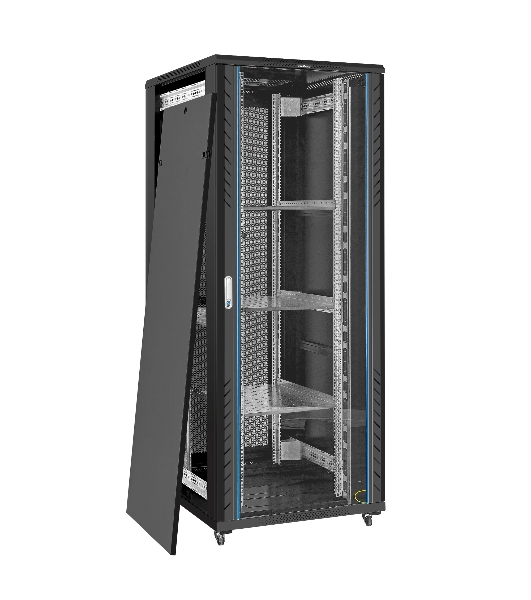 Шкаф телекоммуникационный 19' напольный 42U ExeGate EC-FS-42U.800.1000.G.V.BLACK (19”, 42U, 800x1000x2054mm (ШхГхВ), передняя дверь закаленное стекло, задняя двойная перфорированная дверь, съемные боковые панели, пыле- и влагозащита IP20, встроенный вентиляционный модуль, 1 полка в комплекте, черный RAL 9004, 3 коробки)