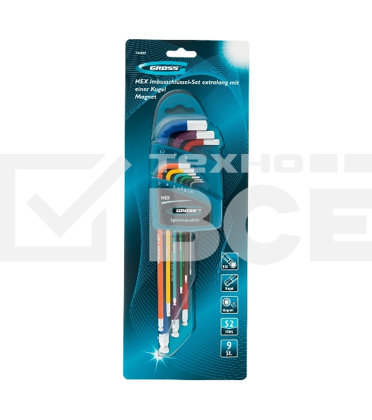 Набор ключей Gross 16400 имбусовых hex 1.5–10мм s2 9шт магнит экстра-длин. с шаром хром/краска