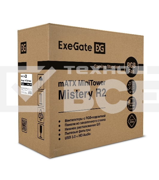 Компьютерный корпус Minitower Exegate EX294384RUS Mistery R2 (mATX, без БП, 2*USB+1*USB3.0, аудио, черный, 1 вент. 12см с RGB подсветкой и полоса на передней панели, боковая панель - закаленное стекло)