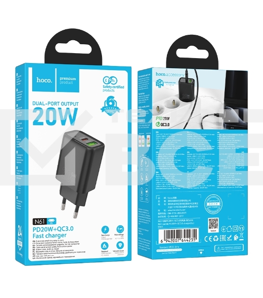 Зарядное устройство Hoco 20Вт, 3А, QC3.0/PD, 1xUSB, 1xType-C, N61, черный, коробка