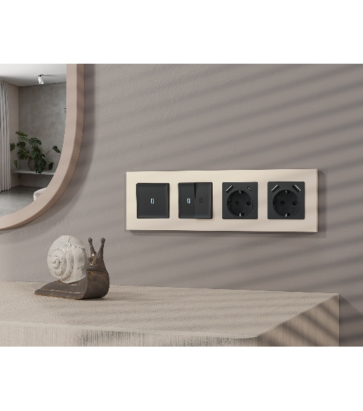 Комплект механизма электрической розетки ALFA Черный матовый 2USB A+C 20W (быстрая зарядка) с/з QUANT (AP8100, VM160) MA810010