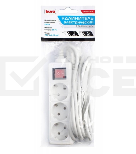 Сетевой удлинитель Buro BU-PS3.5/W 5м (3 розетки) белый (пакет ПЭ)