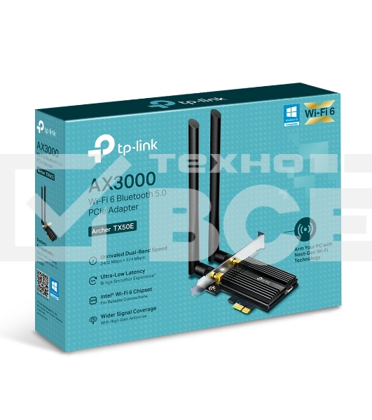 Адаптер 11AX 3000Mbps dual-band PCI-E adapter, 2402Mbps at 5G and 574Mbps at 2.4G, support Bluetooth 5.0, WPA2 encryption, two external Antennas.