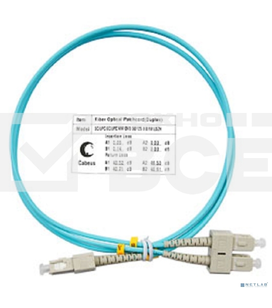 Комм. шнур оптический Cabeus Tight Buffer, Duplex SC/SC, OM3 50/125, LSZH, 1м, Ø 3мм, серый хвостовик, аква